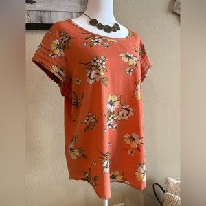 A.U.W. Women’s Orange Floral Blouse w/Pleated Sleeves - Size L